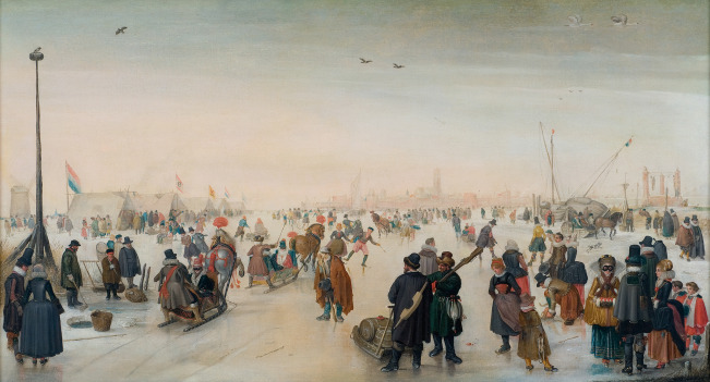 Cat. No. 43 / File Name: 3150-010.jpg Hendrick Avercamp Skaters and Tents along the Ice, c. 1620 oil on canvas overall: 47 x 89 cm (18 1/2 x 35 1/16 in.) framed: 72.5 x 114.5 x 6 cm (28 9/16 x 45 1/16 x 2 3/8 in.) Frans Hals Museum, Haarlem, on loan from private collection